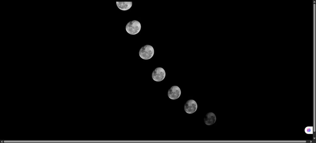 Secuencia de fases de la luna en el cielo nocturno, representando la parte más dispersa y cambiante de la Luna en Géminis