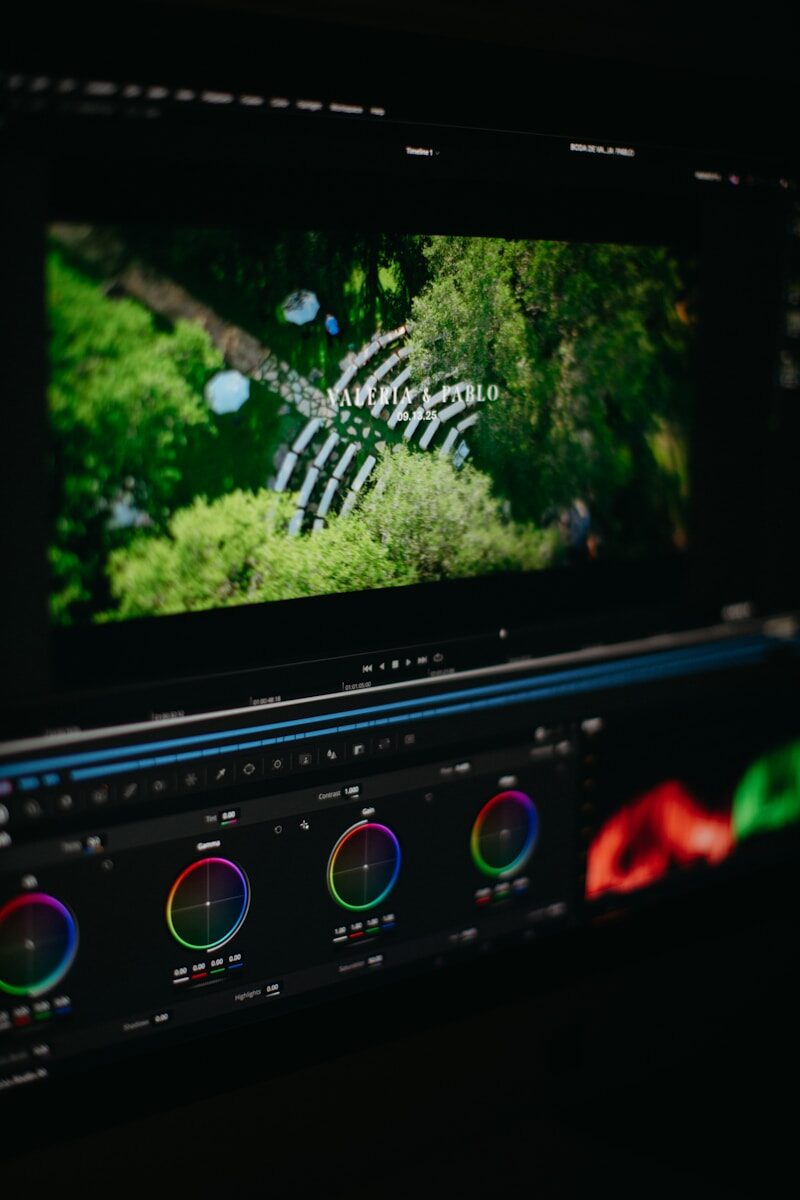 Interfaz de edición de vídeo con herramientas de color, representando el montaje del contenido automatizado