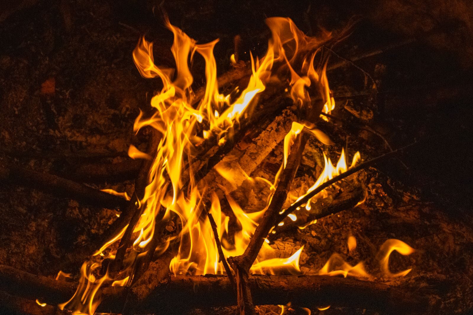 Llamas de una fogata iluminando la madera, símbolo del elemento fuego
