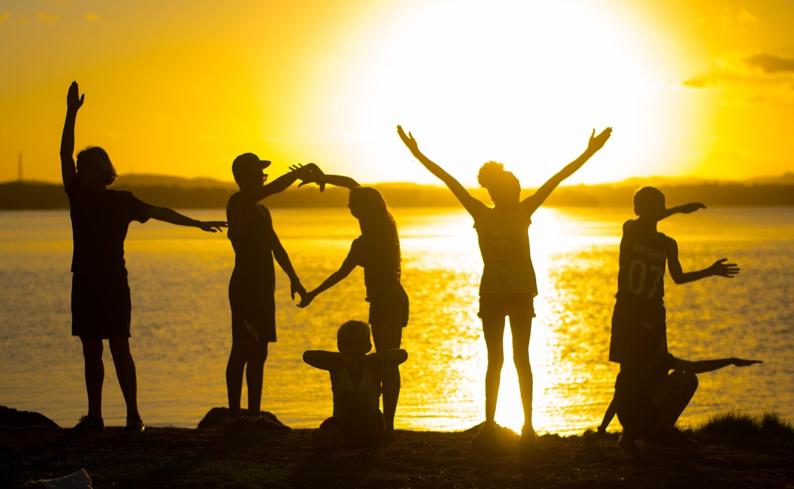 Grupo de amigos en silueta al atardecer representando la casa 11 en astrología