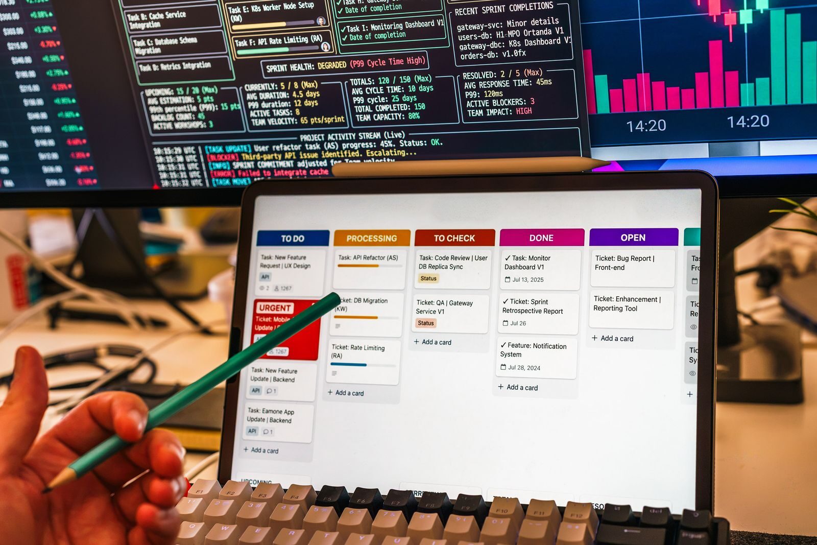 Pantalla mostrando un flujo de trabajo automatizado con notas de colores, representando la automatización de procesos de negocio con IA